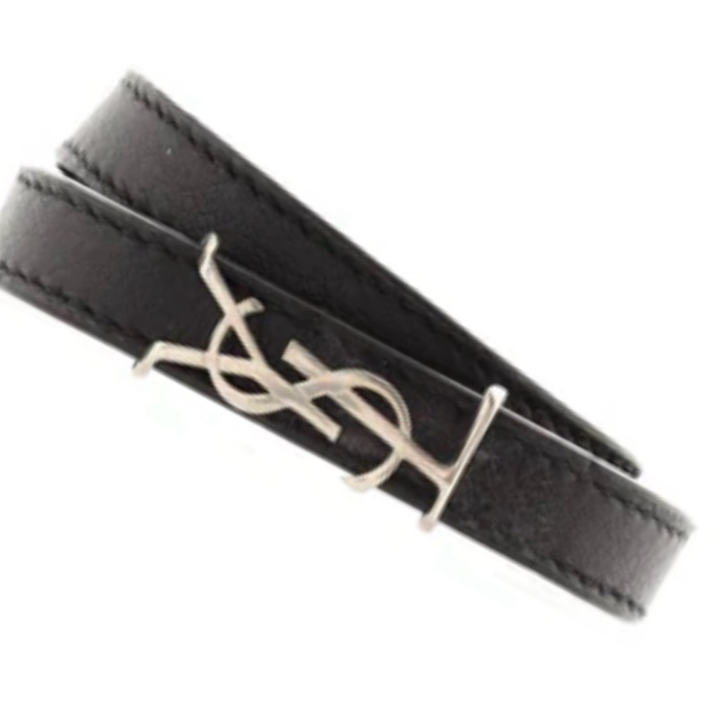 AUTH SAINT LAURENT YSL Black Silver Opium Leather Bracelet